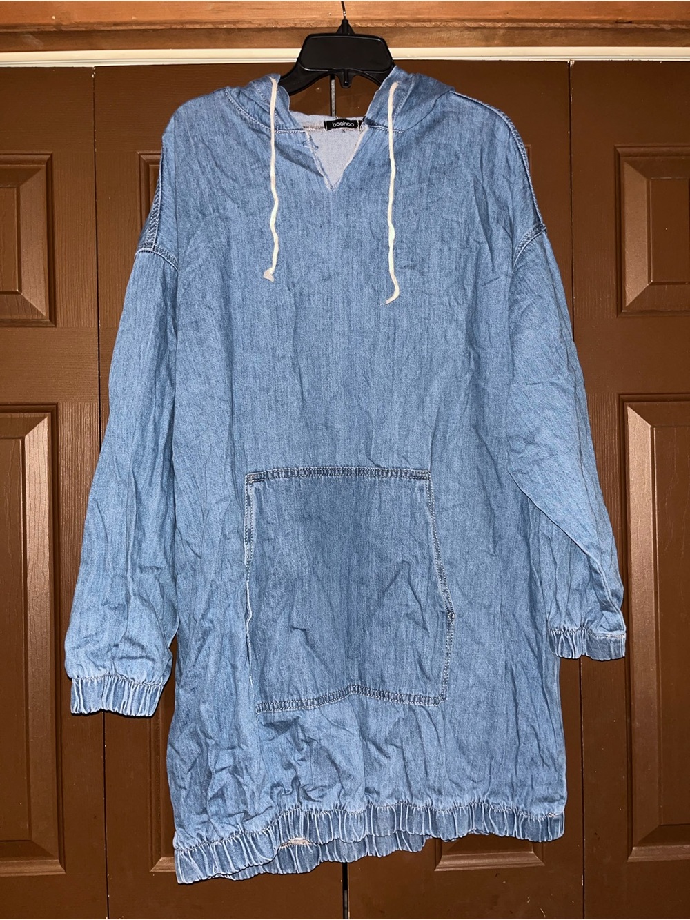 Boohoo Light Blue Denim-Look Mini Hoodie Dress